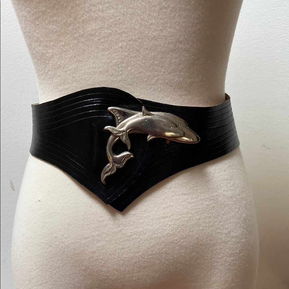 Vintage Black Leather Belt with Silver Dolphin Buckle